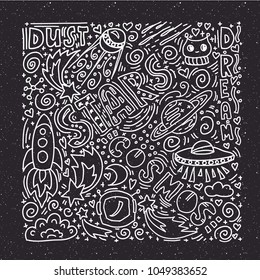 Vector illustration of space or cosmos with symbols of universe such as rocket, ufo, comets, stars and hand drawn lettering. Children doodle illustration on blackboard. 