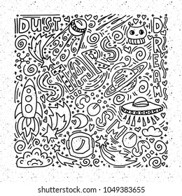 Vector illustration of space or cosmos with symbols of universe such as rocket, ufo, comets, stars and hand drawn lettering. Children doodle illustration on blackboard. 