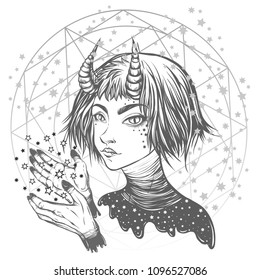 Vector illustration. Space demon, Girl with horns, magic. Handmade, background white, prints on T-shirts, tattoos, gray  color