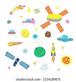 vector illustration with space elements rocket, stars, planets, comet, ufo, satellite on a white.