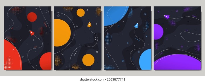 Vector illustration. Space exploration concept. Neo classical, flat style background with halftone dots and memphis pattern elements. Geometric cartoon design for poster, magazine, cover, layout