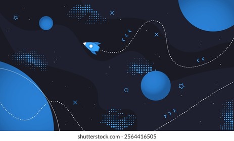 Vector illustration. Space exploration concept. Neo classical, flat style background with halftone dots and memphis pattern elements. Geometric cartoon design for web banner, game or website template