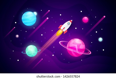 vector illustration space exploring background with abstract shape, planets and rocket.