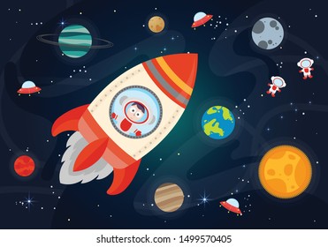 Vector Illustration Of Space. Space flat vector background with rocket, spaceship, moon, Jupiter, satellite, astronaut, planets and stars.