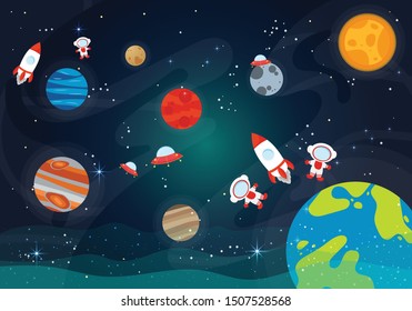 Vector Illustration Of Space. Space flat vector background with rocket, spaceship, moon, Jupiter, satellite, astronaut, planets and stars.