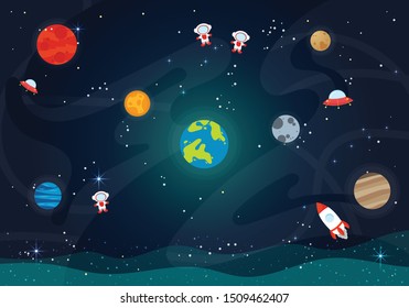 Vector Illustration Of Space. Space flat vector background with rocket, spaceship, moon, Jupiter, satellite, astronaut, planets and stars.