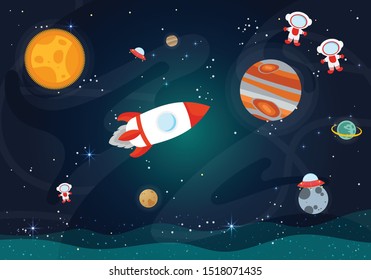 Vector Illustration Of Space. Space flat vector background with rocket, spaceship, moon, Jupiter, satellite, astronaut, planets and stars.