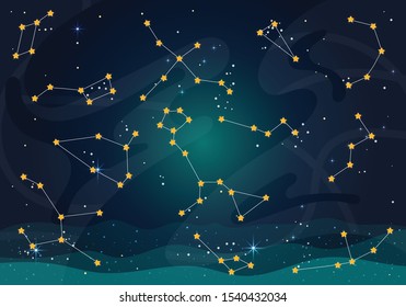 Vector Illustration Of Space. Space flat vector background with stars. Star chart.Constellations sky map