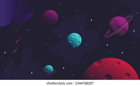 Vector Illustration Of Space. Space flat vector background with rocket, spaceship, moon, Jupiter, satellite, astronaut, planets and stars.