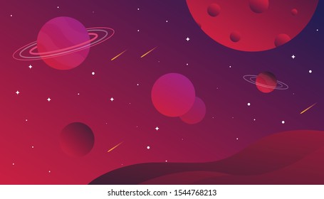 Vector Illustration Of Space. Space flat vector background with rocket, spaceship, moon, Jupiter, satellite, astronaut, planets and stars.