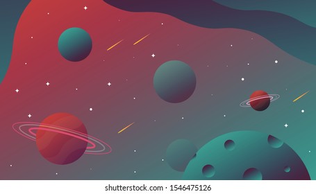 Vector Illustration Of Space. Space flat vector background with rocket, spaceship, moon, Jupiter, satellite, astronaut, planets and stars.