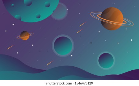 Vector Illustration Of Space. Space flat vector background with rocket, spaceship, moon, Jupiter, satellite, astronaut, planets and stars.