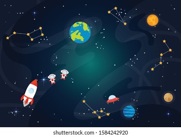 Vector Illustration Of Space. Space flat vector background with rocket, spaceship, moon, Jupiter, satellite, astronaut, planets and stars.