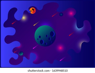 Vector Illustration Of Space. Space flat vector background with rocket, spaceship, moon, Jupiter, satellite, astronaut, planets and stars.