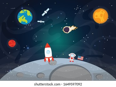 Vector Illustration Of Space. Space flat vector background with rocket, spaceship, moon, satellite, astronaut, planets and stars. Astronaut on the moon with american flag