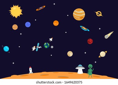 Vector Illustration Of Space. Space flat vector background with rocket, spaceship, moon,UFO, Jupiter, satellite, planets and stars.
