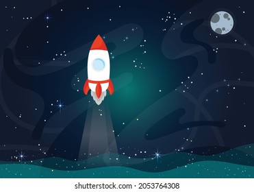 Vector Illustration Of Space. Space flat vector background with rocket, spaceship, moon, Jupiter, satellite, astronaut, planets and stars.