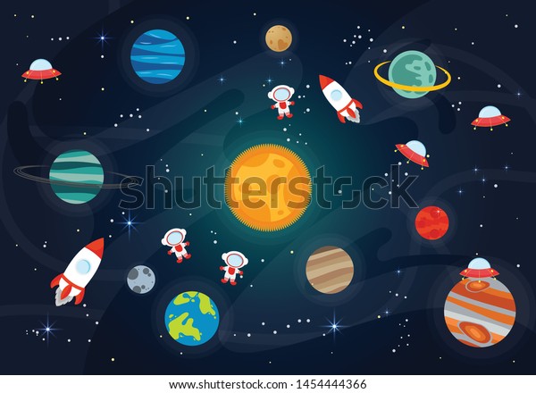 空間のベクターイラスト ロケット 宇宙船 月 木星 衛星 宇宙飛行士 惑星 星のある宇宙の平らなベクター画像の背景 のベクター画像素材 ロイヤリティ フリー