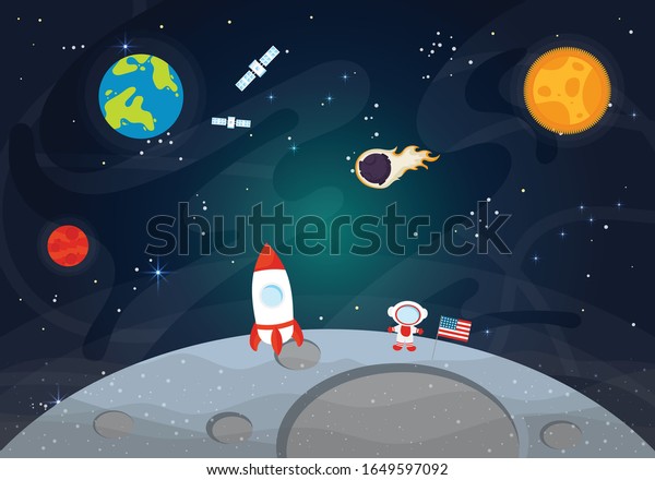 Vector Illustration Of\
Space. Space flat vector background with rocket, spaceship, moon,\
satellite, astronaut, planets and stars. Astronaut on the moon with\
american flag