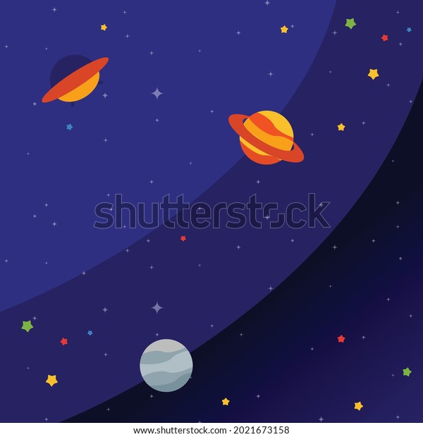 Vector Illustration Of Space Flat Design. Space flat\
vector background with UFO spaceship, Jupiter Planet, Moon and\
stars 