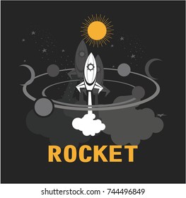 vector illustration space space flies rocket through solar system and galaxy