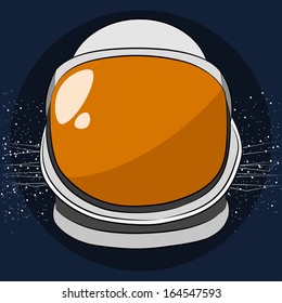 Vector illustration space helmet with yellow glass on a deep blue space and stars background