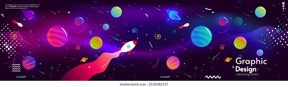 Vector illustration. Space horizontal illustration with planets, comets, stars. Design for greeting card, invitation, banner, wallpaper, background.