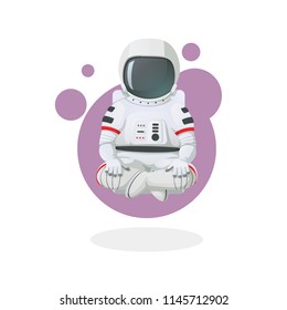 Vector illustration. Space icon. Astronaut sitting in lotus position, meditating, relaxing floating above ground isolated with white background.