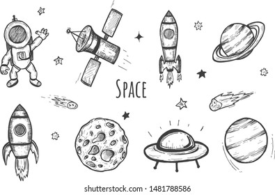 Vector illustration of space icons set. Astronaut, rocket module, spaceship, satellite, meteorite, planet, aliens, shooting star. Vintage hand drawn style.