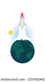 Vector illustration of space interstellar travels, universe and distant galaxies. spacecraft, rocket or shuttle for space travel or mission. Clerks working together on startup comp