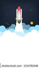 Vector illustration of space interstellar travels, universe and distant galaxies. spacecraft, rocket or shuttle for space travel or mission. Clerks working together on startup comp