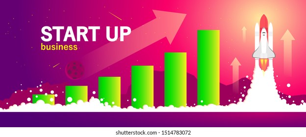 Vector illustration of space interstellar travels, universe and distant galaxies. spacecraft, rocket or shuttle for space travel or mission. Clerks working together on startup comp