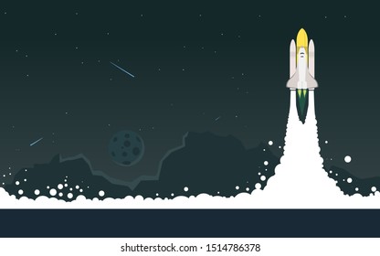 Vector illustration of space interstellar travels, universe and distant galaxies. spacecraft, rocket or shuttle for space travel or mission. Clerks working together on startup comp