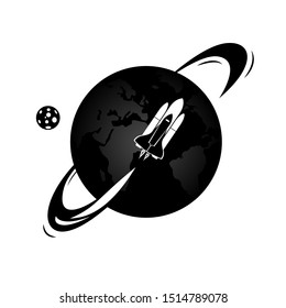 Vector illustration of space interstellar travels, universe and distant galaxies. spacecraft, rocket or shuttle for space travel or mission. Clerks working together on startup comp