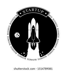 Vector illustration of space interstellar travels, universe and distant galaxies. spacecraft, rocket or shuttle for space travel or mission. Clerks working together on startup comp