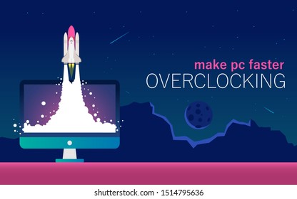 Vector illustration of space interstellar travels, universe and distant galaxies. spacecraft, rocket or shuttle for space travel or mission. Clerks working together on startup comp