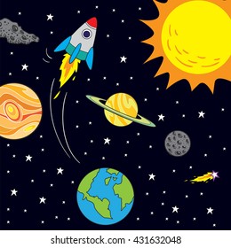 Vector illustration of space journey with rocket in cartoon style