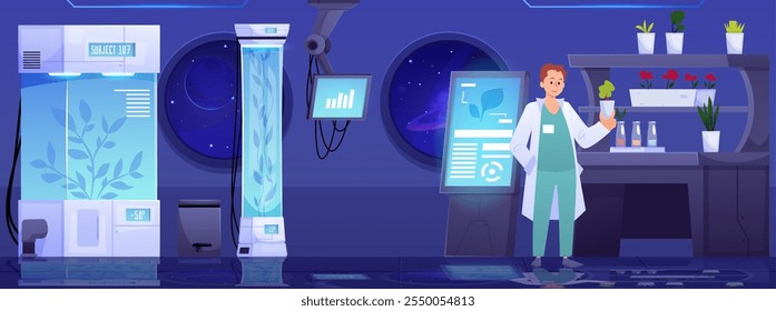 Ilustración vectorial de un laboratorio espacial con ventanas redondas, equipos, cámaras criogénicas y un personaje examinando macetas con plantas. Biotecnología secreta. Estilo plano de la historieta.