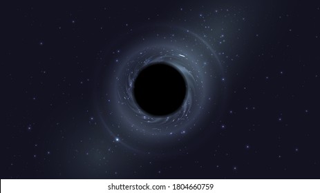 Vector illustration with space landscape: black hole bends space in the dark starry sky