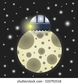 Vector illustration of a space landscape. Lunar rover on the Moon on a background of outer space.