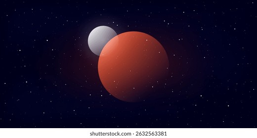 Vector illustration. Space landscape. Minimalist composition. Planet with satellite in deep dark space on a background of stars.