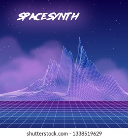 Vector illustration of a space landscape in a retro futuristic style of 80's. Light grid surface against deep blue sky with stars and wireframe mountains in a purple clouds. Retrowave stylization.