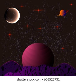 Vector illustration of a space landscape of stars and planets.