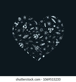 Vector illustration of space object in heart shape. Magic heart from rocket, galaxy, star, planet, ufo. Greeting card for Valentine day