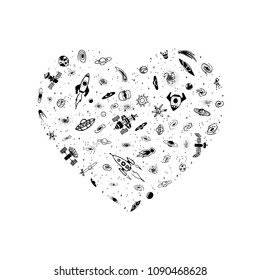Vector illustration of space object in heart shape. Magic heart from rocket, galaxy, star, planet, ufo. Greeting card for Valentine day