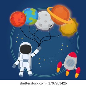 vector illustration of space, Space objects. Astronaut, rocket, planets, moon, earth, pluto, mars, sun, UFO, etc