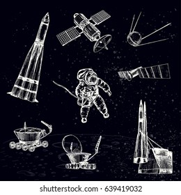Vector illustration. Space objects: spaceman, lunar rover, ship, satellite on black background. Pen drawn illustration.