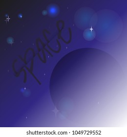 Vector illustration space, planet in illumination of stars in dark blue colors. Text Space. For design and illustration of books, posters, postcards.