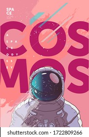 Vector illustration of space and planets. Astronaut and the inscription cosmos on the background.