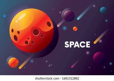 Vector illustration of space - planets and shooting stars, comets and asteroids. Greeting card or poster, print on clothes. Nature, galaxy and science. Flat, cartoon.